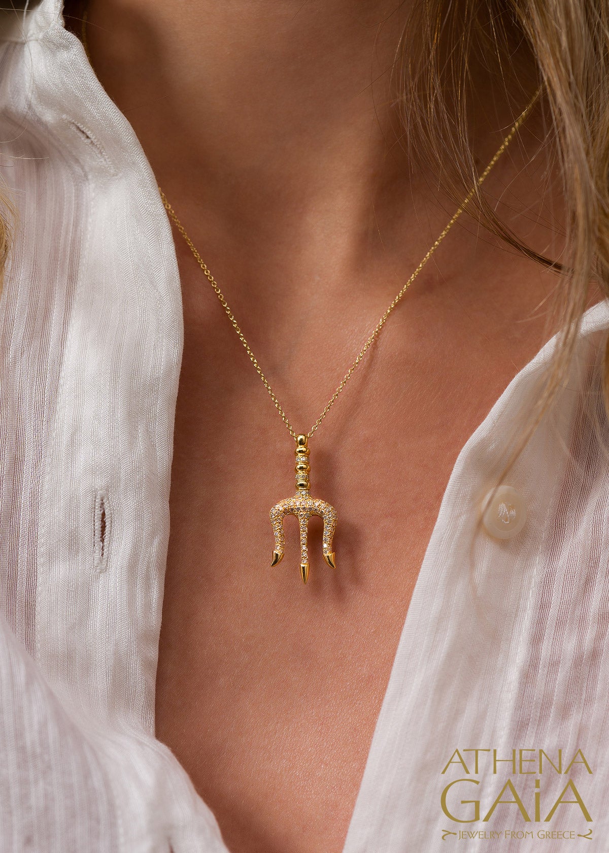 Olympian Poseidon Trident Pendant Necklace - 18k Gold Necklace