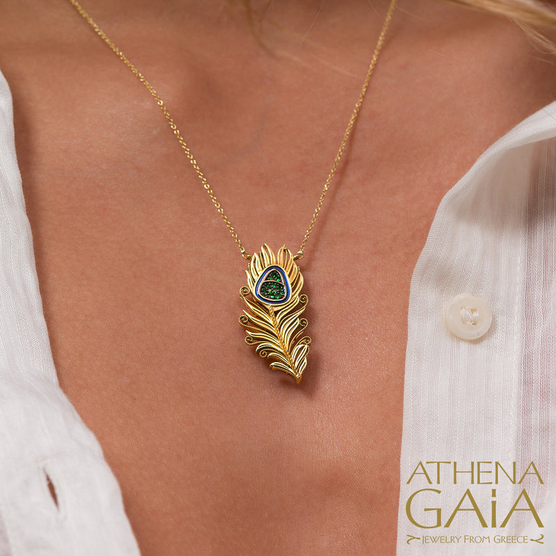 Olympian Hera Peacock Feather Pendant Necklace - 18k Gold Necklace