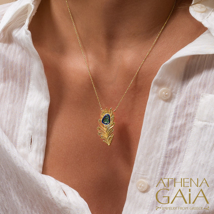 Olympian Hera Peacock Feather Pendant Necklace 18k Gold Necklace