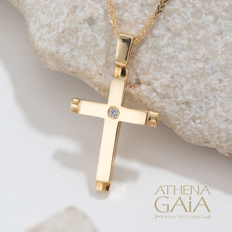 Single Stone Stepped Cross - 14k Gold - Latin Cross