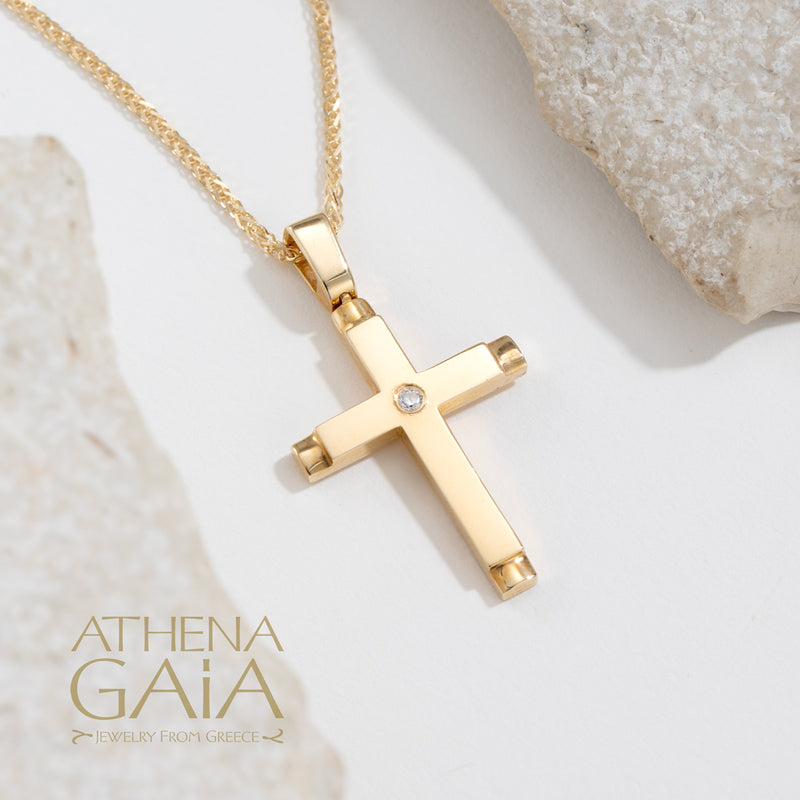 Single Stone Stepped Cross - 14k Gold - Latin Cross