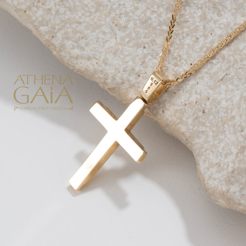 Single Stone Stepped Cross - 14k Gold - Latin Cross