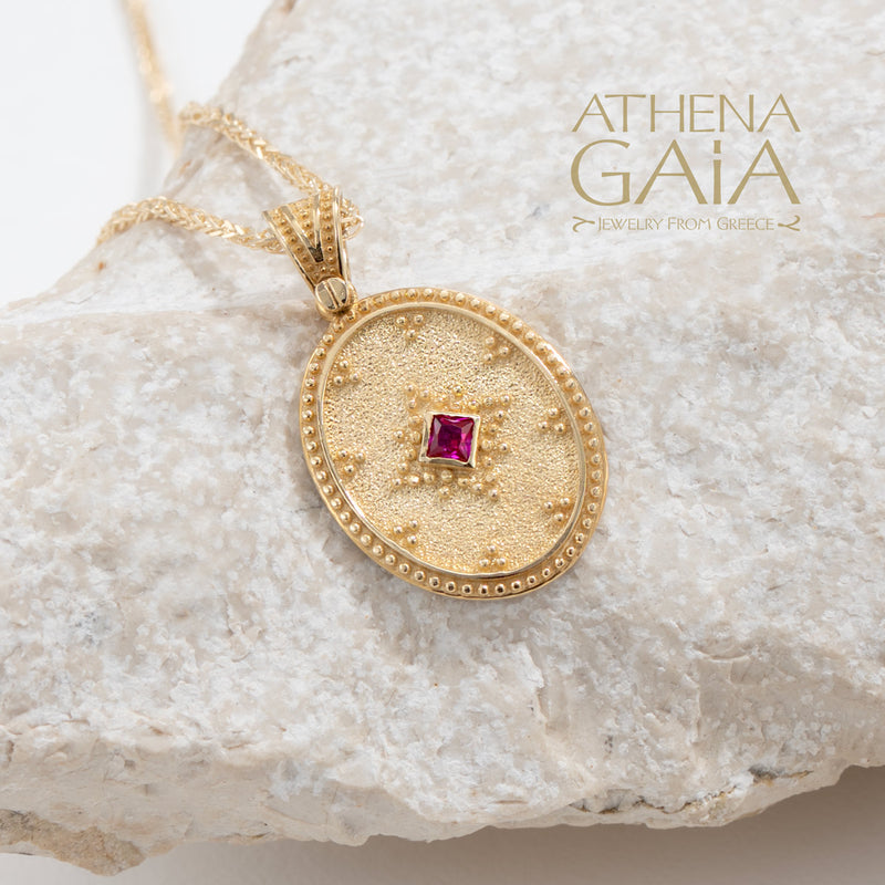 Oval Byzantine Disc Stone Pendant - 14k Gold Pendant