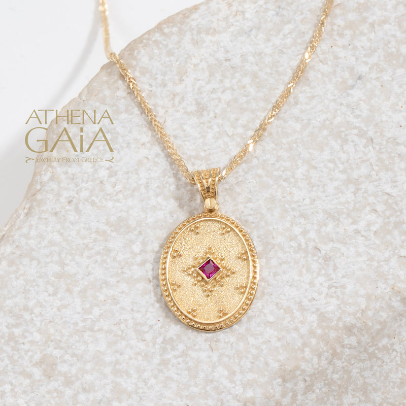 Oval Byzantine Disc Stone Pendant - 14k Gold Pendant
