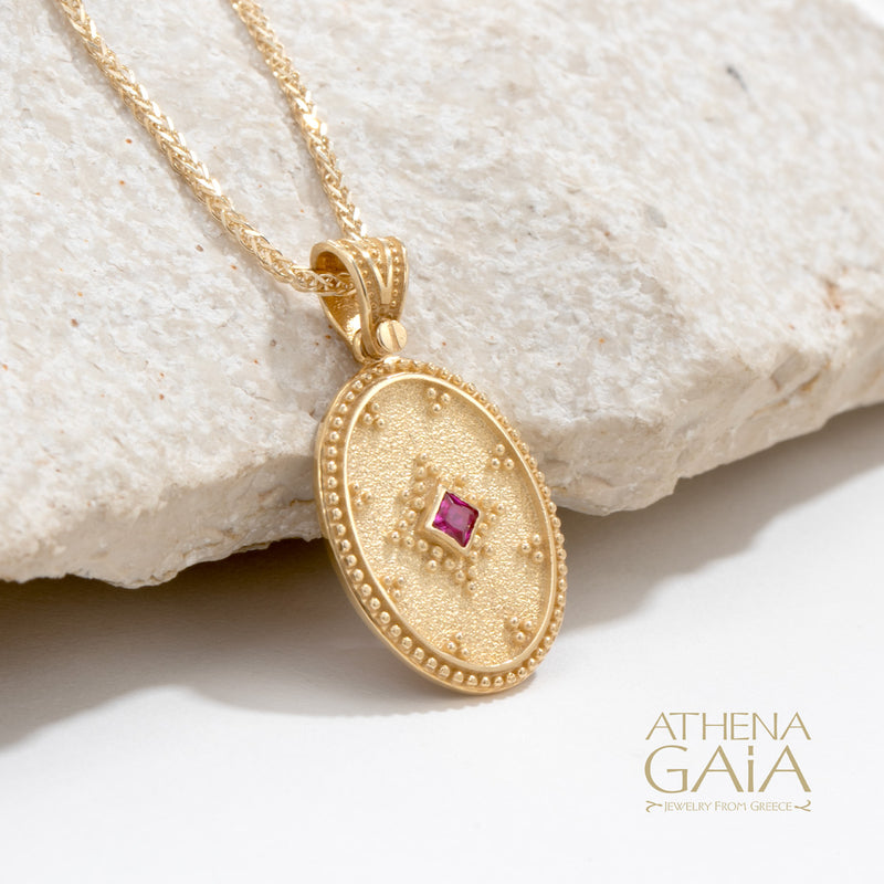 Oval Byzantine Disc Stone Pendant - 14k Gold Pendant