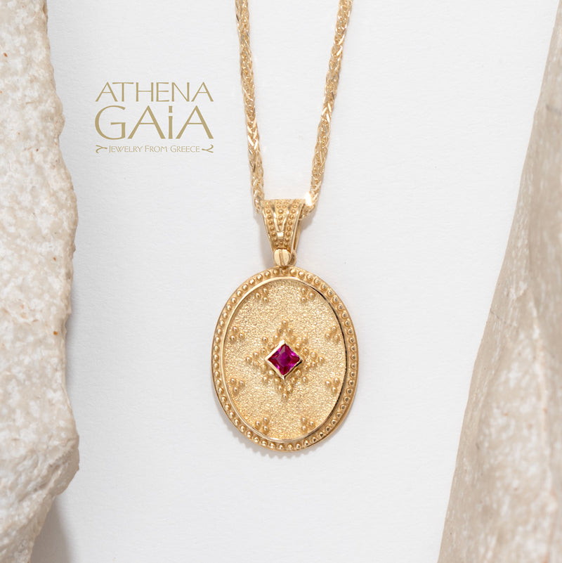 Oval Byzantine Disc Stone Pendant - 14k Gold Pendant