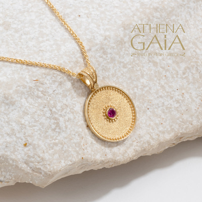 Round Beaded Disc with Stone Pendant - 14k Gold Pendant