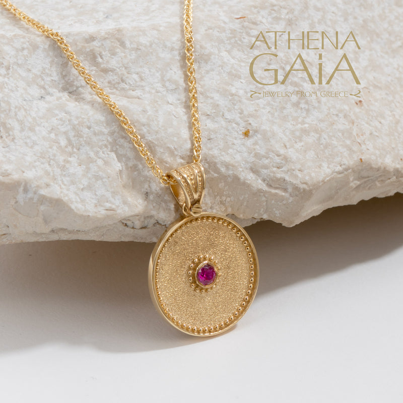 Round Beaded Disc with Stone Pendant - 14k Gold Pendant