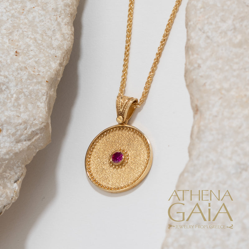 Round Beaded Disc with Stone Pendant - 14k Gold Pendant