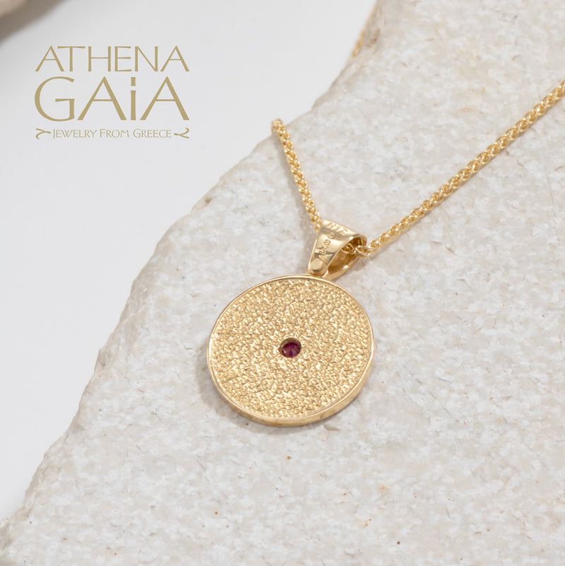 Round Beaded Disc with Stone Pendant - 14k Gold Pendant