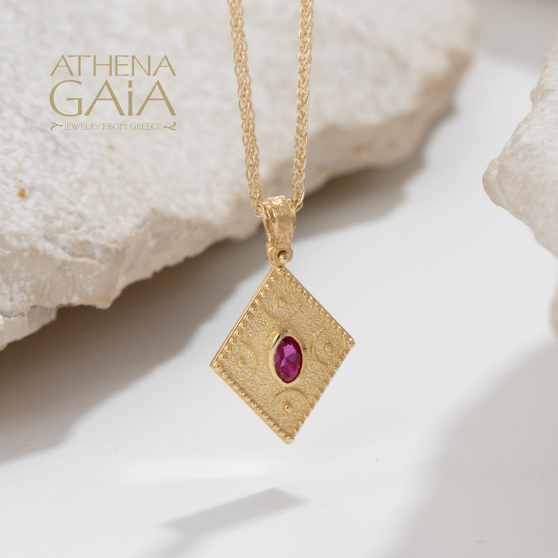 Rhombus Byzantine with Stone Pendant - 14k Gold Pendant