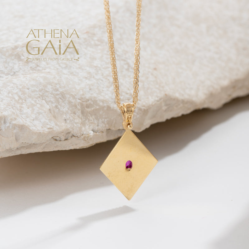 Rhombus Byzantine with Stone Pendant - 14k Gold Pendant
