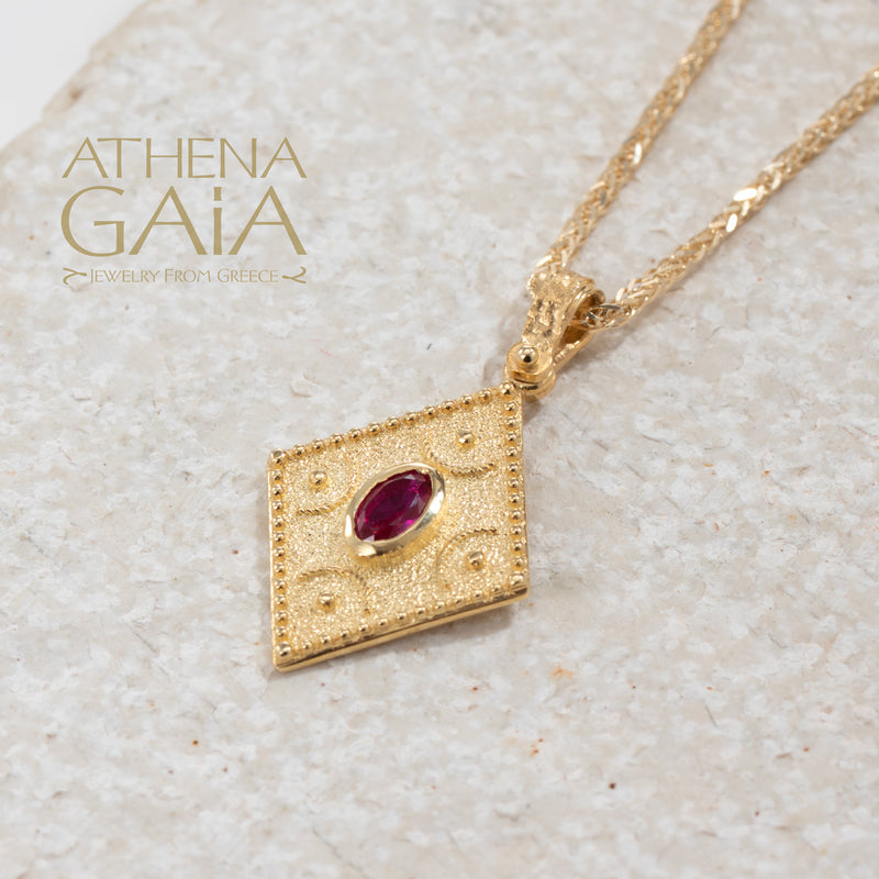Rhombus Byzantine with Stone Pendant - 14k Gold Pendant