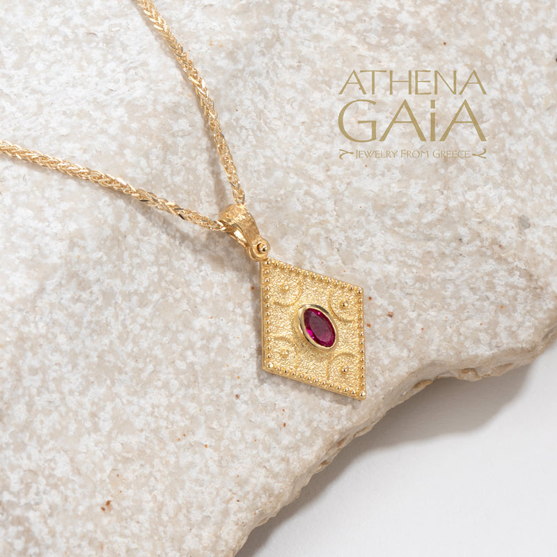 Rhombus Byzantine with Stone Pendant - 14k Gold Pendant
