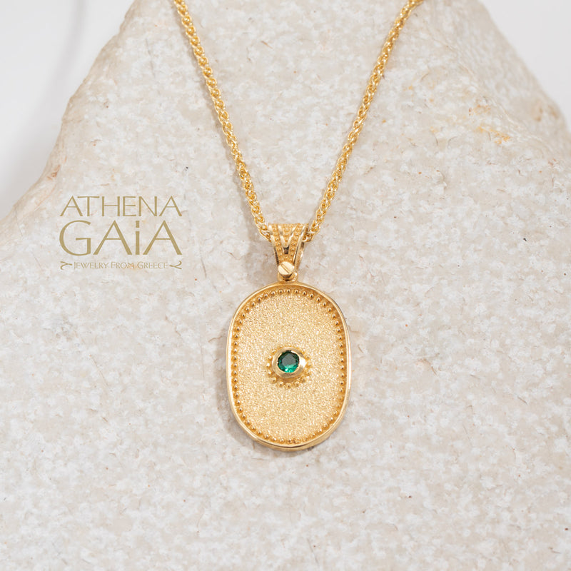 Oval Beaded Disc with Stone Pendant - 14k Gold Pendant