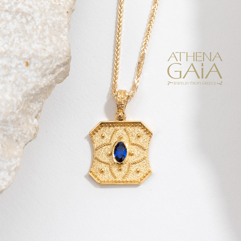Sculpted Square Byzantine with Stone Pendant - 14k Gold Pendant