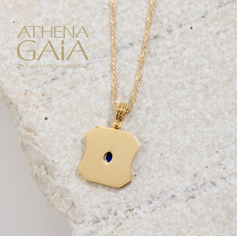 Sculpted Square Byzantine with Stone Pendant - 14k Gold Pendant