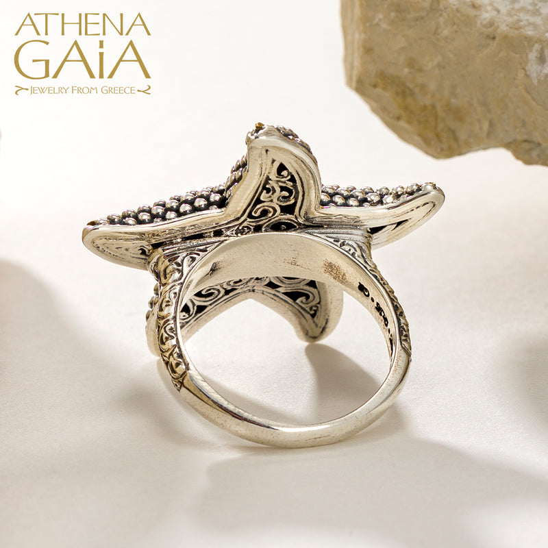 Thalassa Starfish Gemstone Ring (Large) - 18k Gold & Sterling Silver Ring - Cocktail Ring