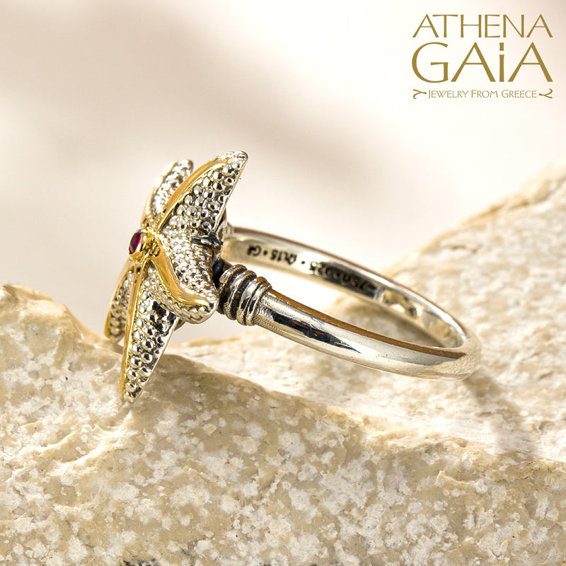 Thalassa Starfish Gemstone Ring (Large) - 18k Gold & Sterling Silver Ring - Cocktail Ring