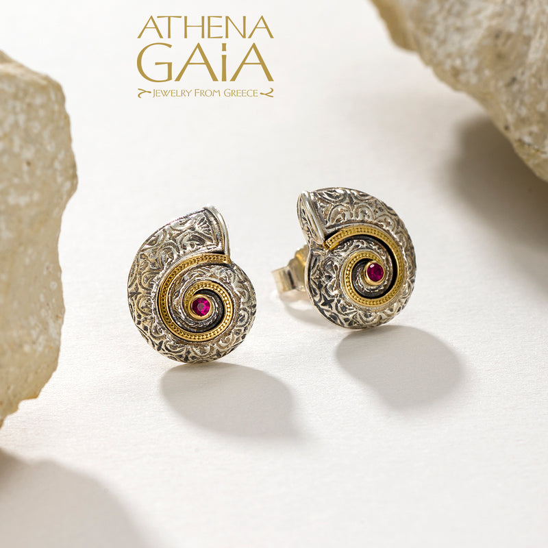 Thalassa Sea Snail with Stone Post Earrings - 18k Gold & Sterling Silver Earrings