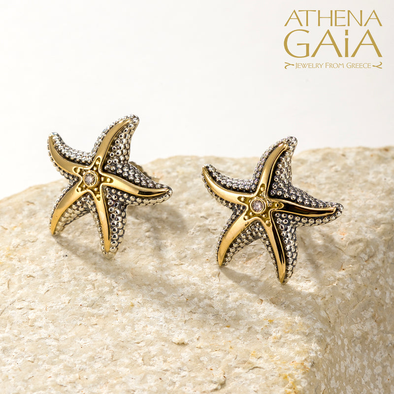 Thalassa Starfish with Stone Earrings (Large) - 18k Gold and Sterling Silver - Stud Earrings