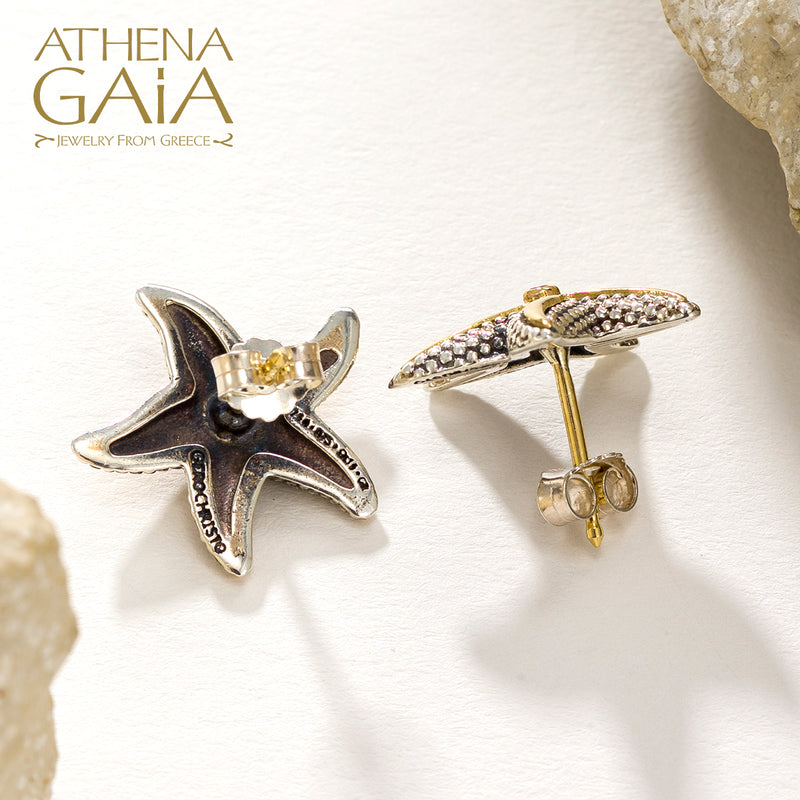 Thalassa Starfish with Stone Earrings (Large) - 18k Gold and Sterling Silver - Stud Earrings