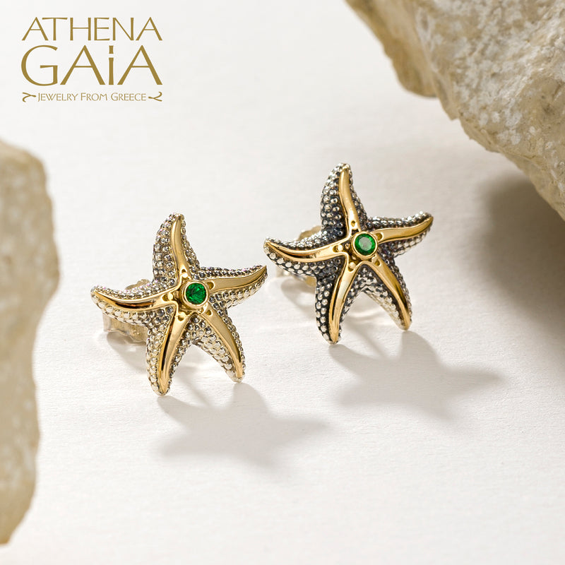 Thalassa Small Starfish with Stone Post Earrings - 18k Gold & Sterling Silver Earrings