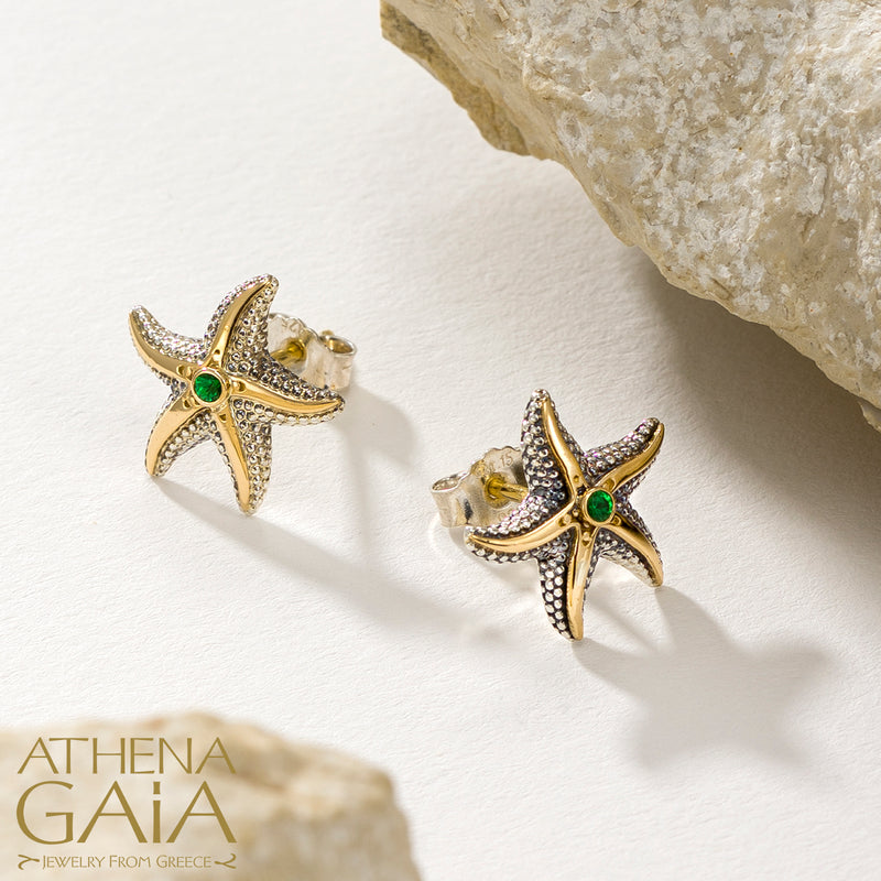 Thalassa Small Starfish with Stone Post Earrings - 18k Gold & Sterling Silver Earrings