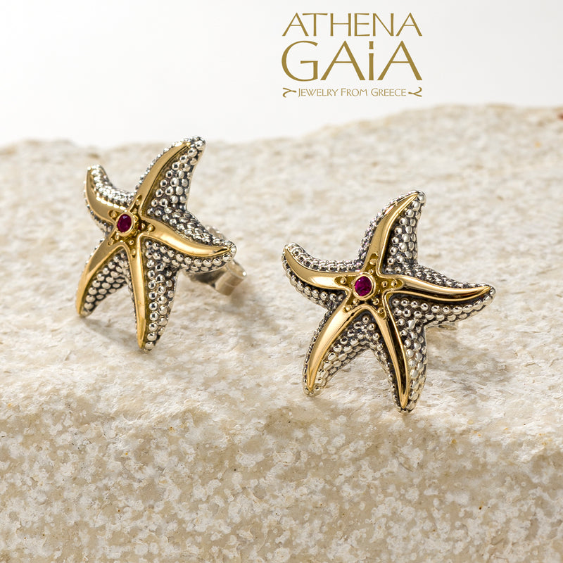 Thalassa Starfish with Stone Earrings (Large) - 18k Gold and Sterling Silver - Stud Earrings