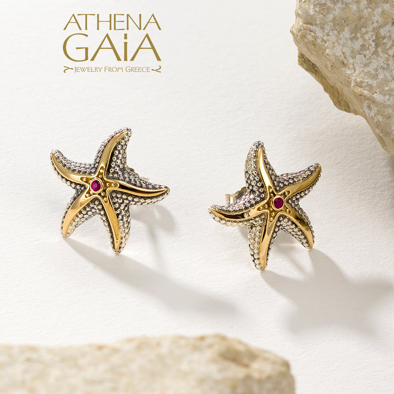 Thalassa Starfish with Stone Earrings (Large) - 18k Gold and Sterling Silver - Stud Earrings