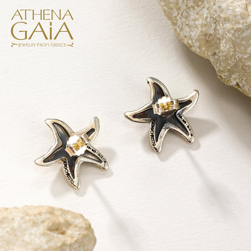 Thalassa Starfish with Stone Earrings (Large) - 18k Gold and Sterling Silver - Stud Earrings