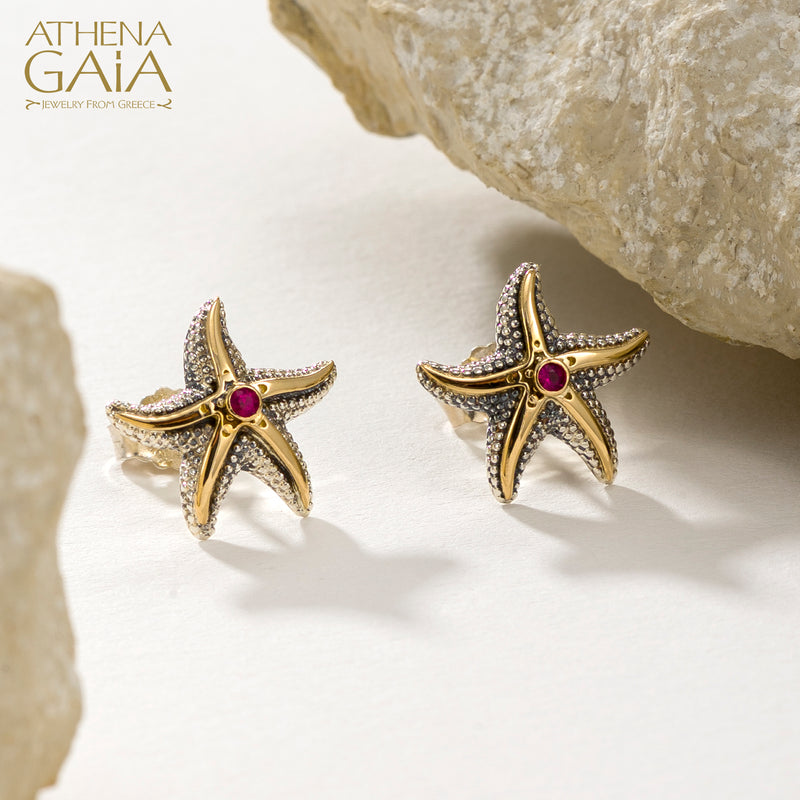 Thalassa Small Starfish with Stone Post Earrings - 18k Gold & Sterling Silver Earrings