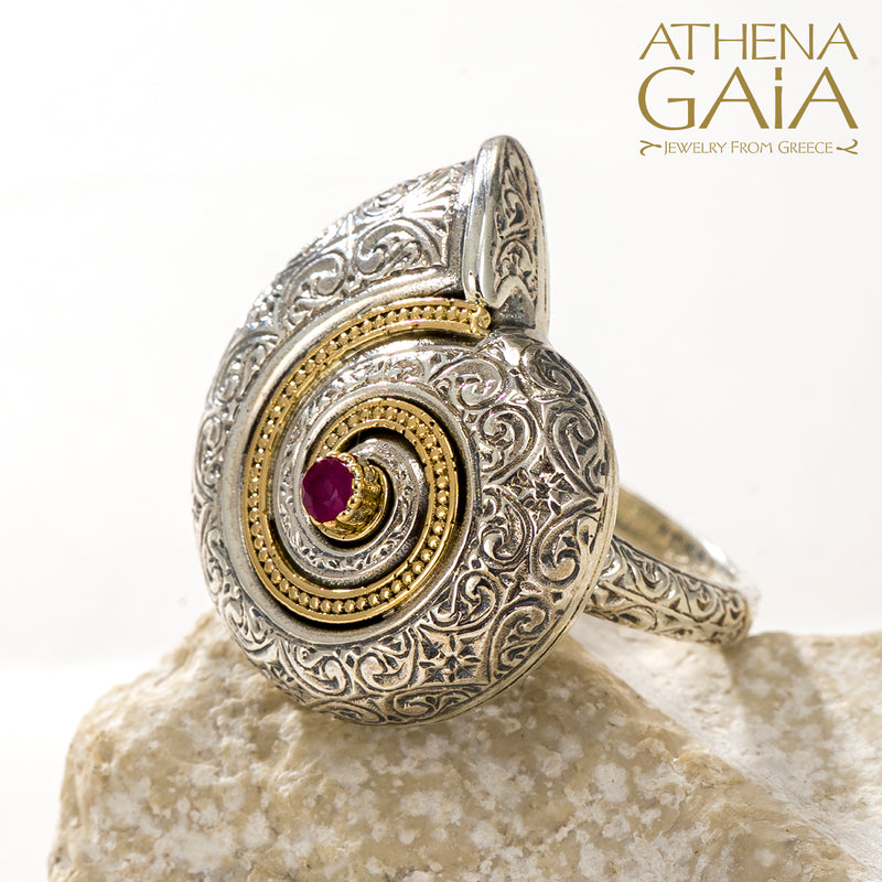 Thalassa Sea Snail Stone Ring (Large) - 18k Gold & Sterling Silver Ring - Cocktail Ring