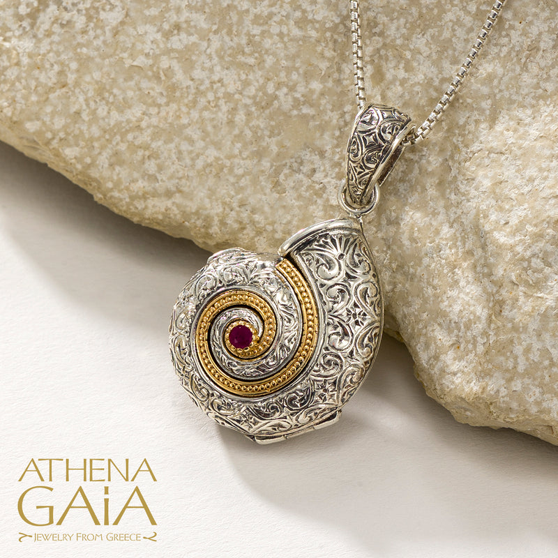 Thalassa Sea Snail with Stone Locket Pendant - 18k Gold & Sterling Silver Pendant