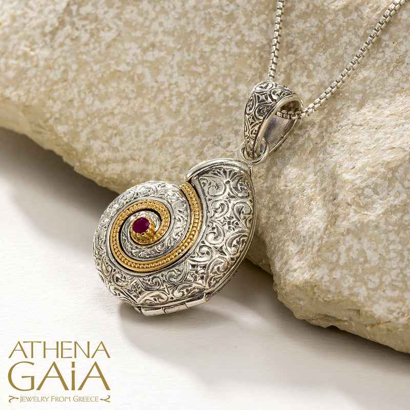 Thalassa Sea Snail with Stone Locket Pendant - 18k Gold & Sterling Silver Pendant