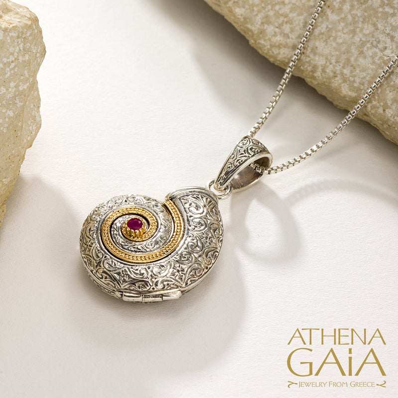 Thalassa Sea Snail with Stone Locket Pendant - 18k Gold & Sterling Silver Pendant