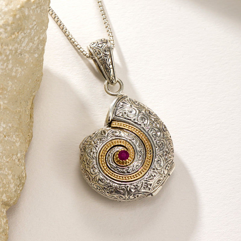 Thalassa Sea Snail with Stone Locket Pendant - 18k Gold & Sterling Silver Pendant
