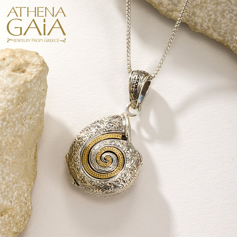 Thalassa Sea Snail with Stone Locket Pendant - 18k Gold & Sterling Silver Pendant