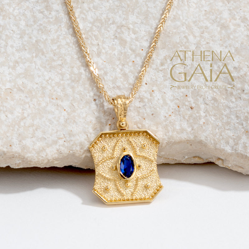 Sculpted Square Byzantine with Stone Pendant - 14k Gold Pendant