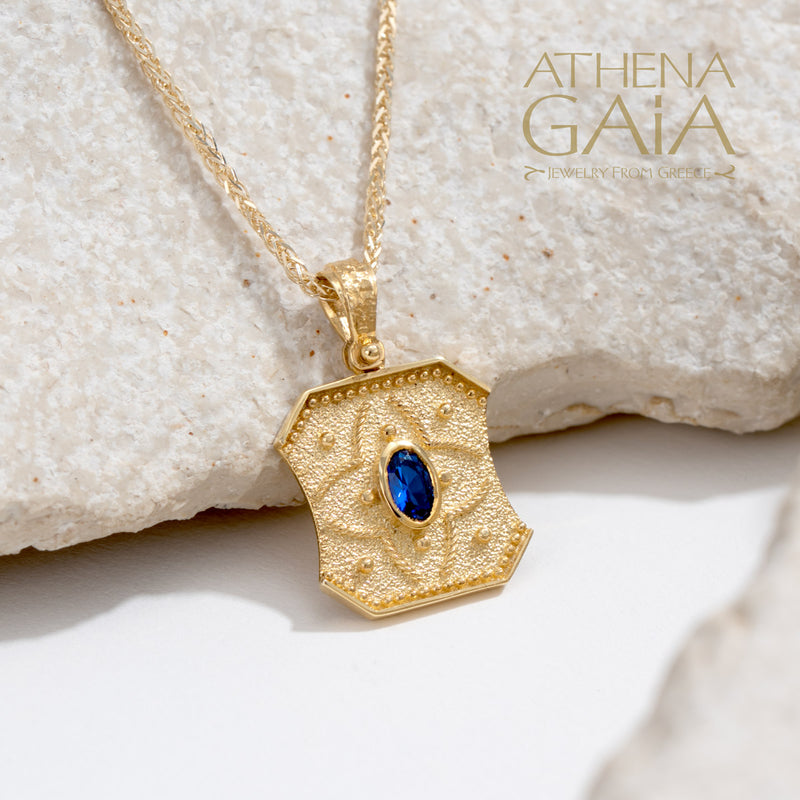 Sculpted Square Byzantine with Stone Pendant - 14k Gold Pendant