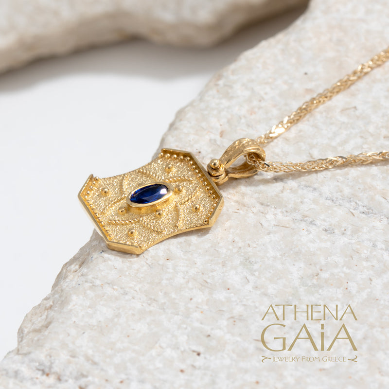 Sculpted Square Byzantine with Stone Pendant - 14k Gold Pendant
