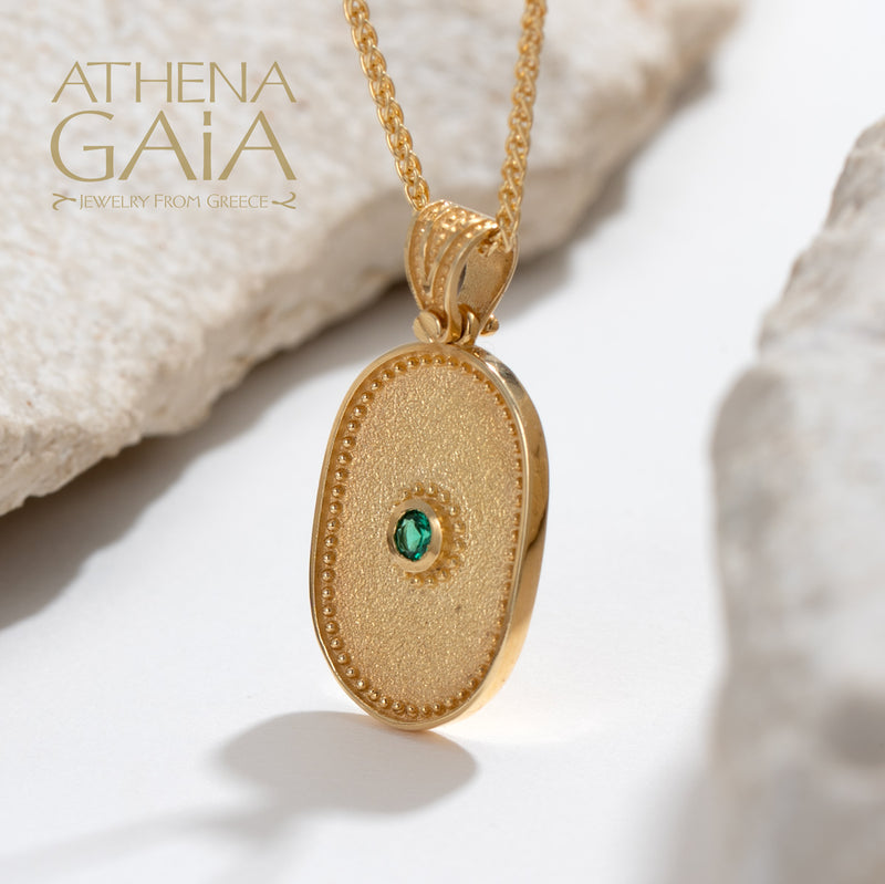 Oval Beaded Disc with Stone Pendant - 14k Gold Pendant
