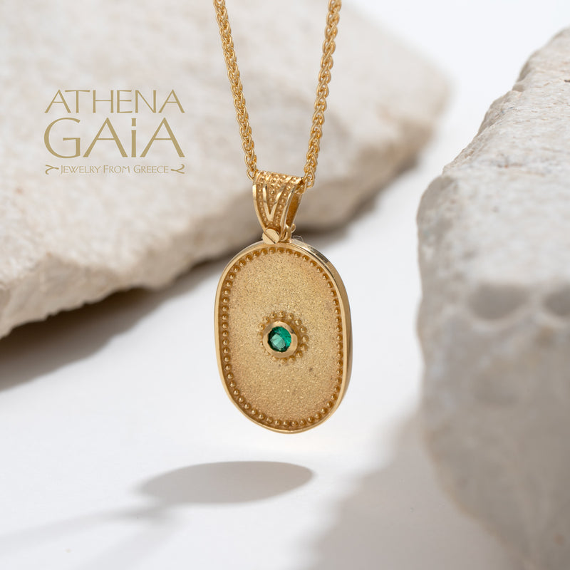 Oval Beaded Disc with Stone Pendant - 14k Gold Pendant