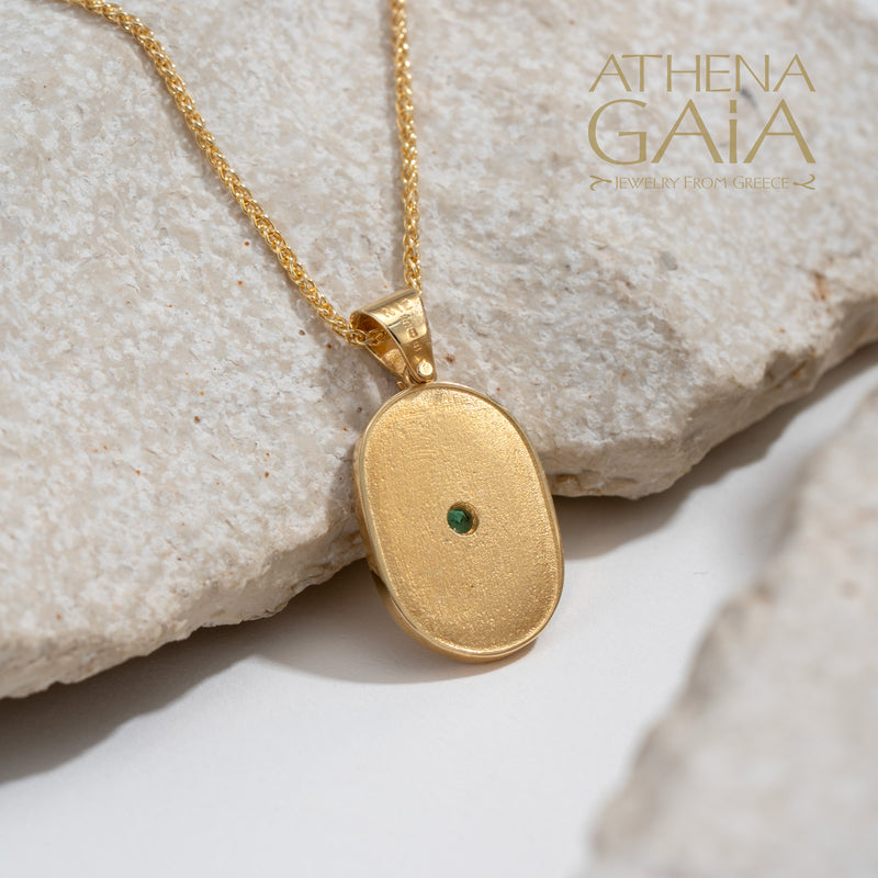 Oval Beaded Disc with Stone Pendant - 14k Gold Pendant