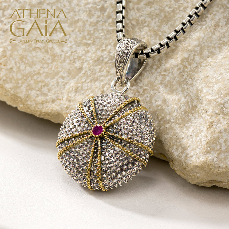 Thalassa Sea Urchin Skeleton with Stone Locket Pendant - 18k Gold & Sterling Silver Pendant