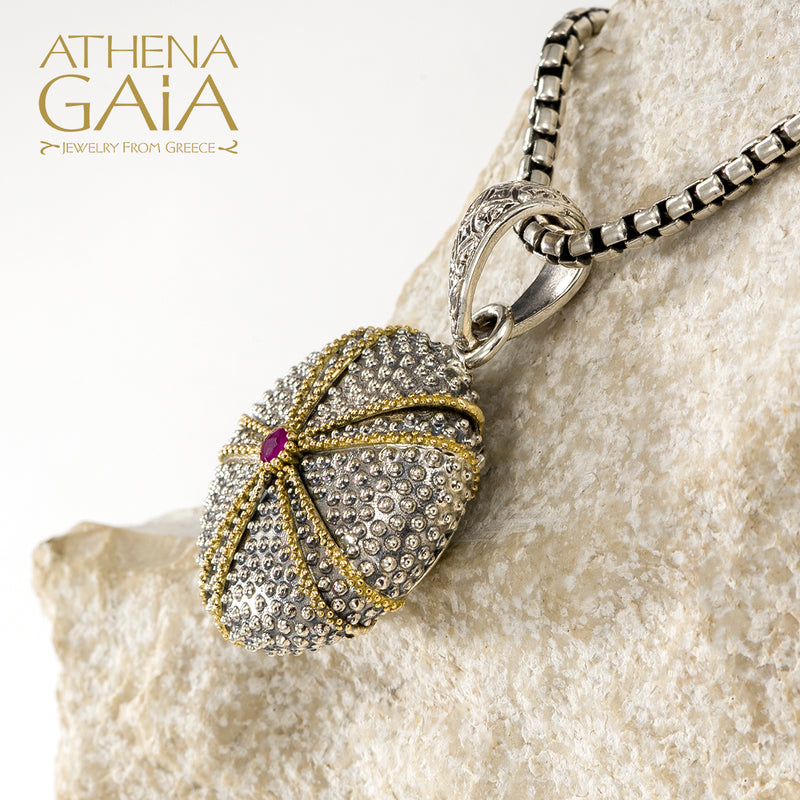 Thalassa Sea Urchin Skeleton with Stone Locket Pendant - 18k Gold & Sterling Silver Pendant