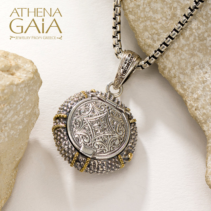 Thalassa Sea Urchin Skeleton with Stone Locket Pendant - 18k Gold & Sterling Silver Pendant