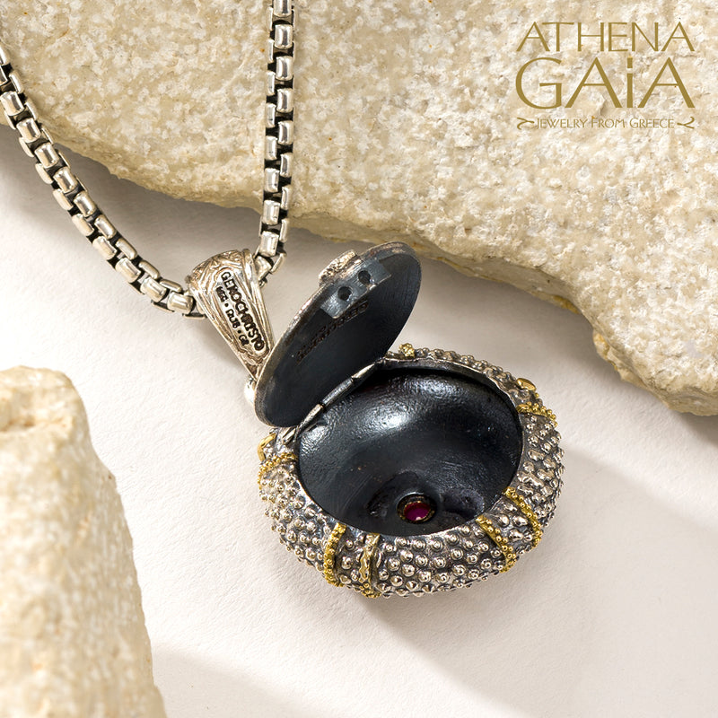 Thalassa Sea Urchin Skeleton with Stone Locket Pendant - 18k Gold & Sterling Silver Pendant
