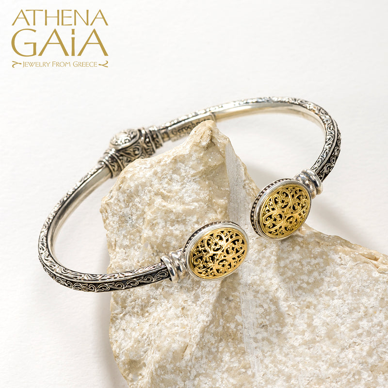 Mediterranean Oval Face Bracelet - 18k Gold and Sterling Silver - Hinged Bangle Bracelet