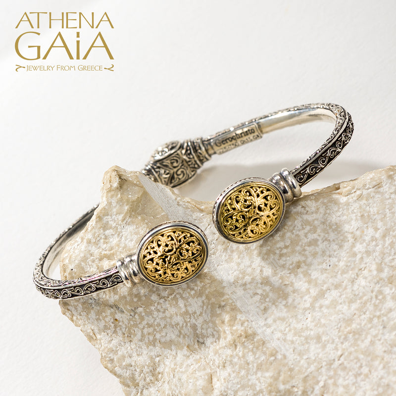 Mediterranean Oval Face Bracelet - 18k Gold and Sterling Silver - Hinged Bangle Bracelet
